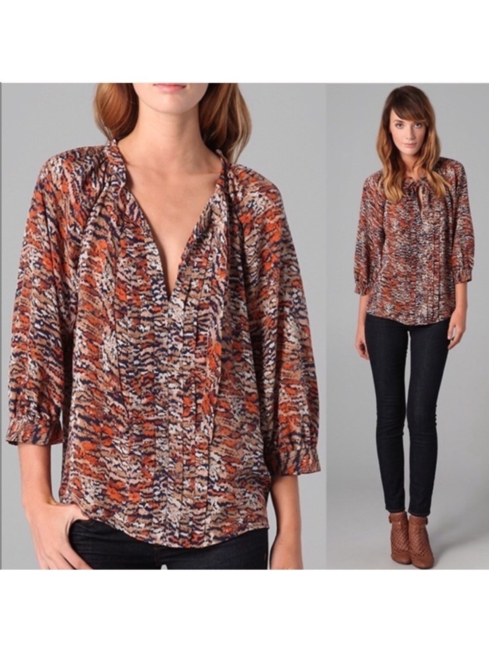 Joie Mirabella Silk Blouse Top Size Medium Orange Blue 3/4 Sleeve Romantic Soft
